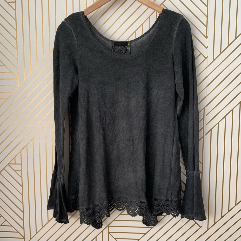 T Party crochet knit Mineral wash open back bell sleeves long sleeve top boho M